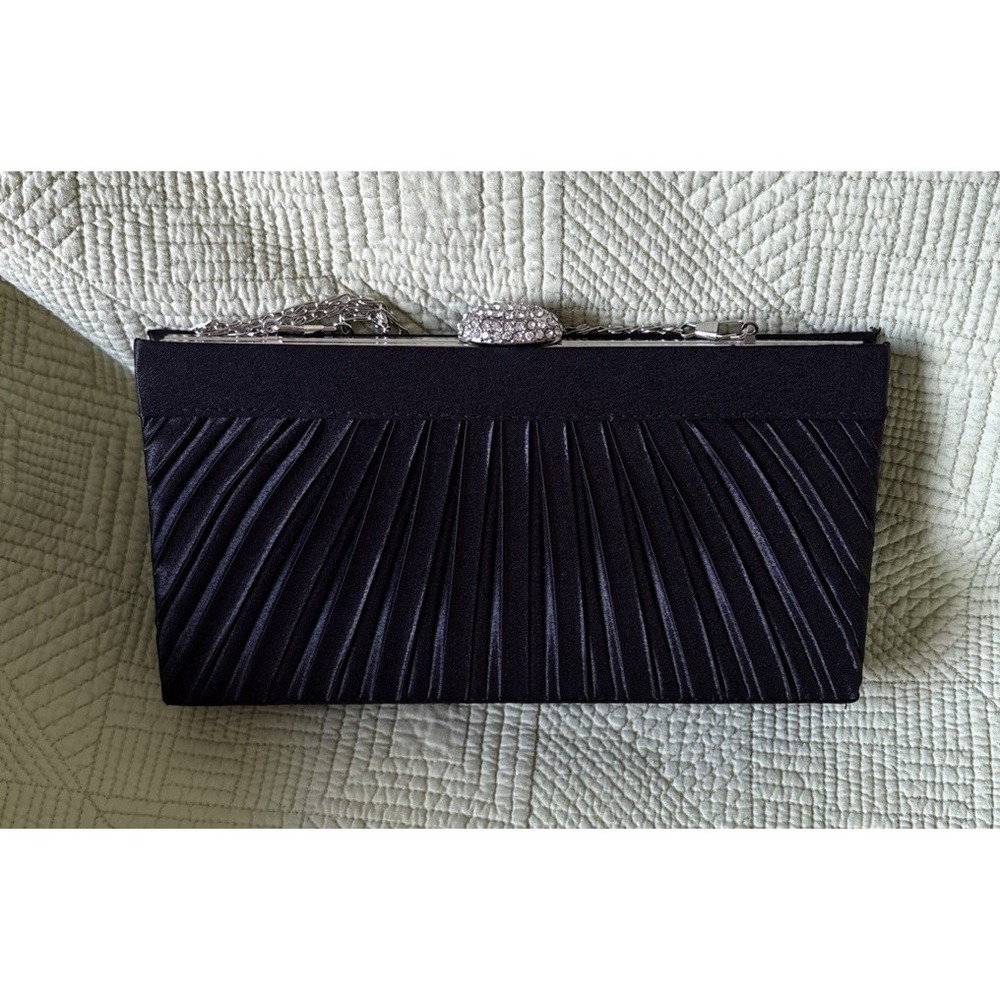 Black Satin Evening Clutch Rhinestone Clasp Silver Chain Formal Pleated Purse
